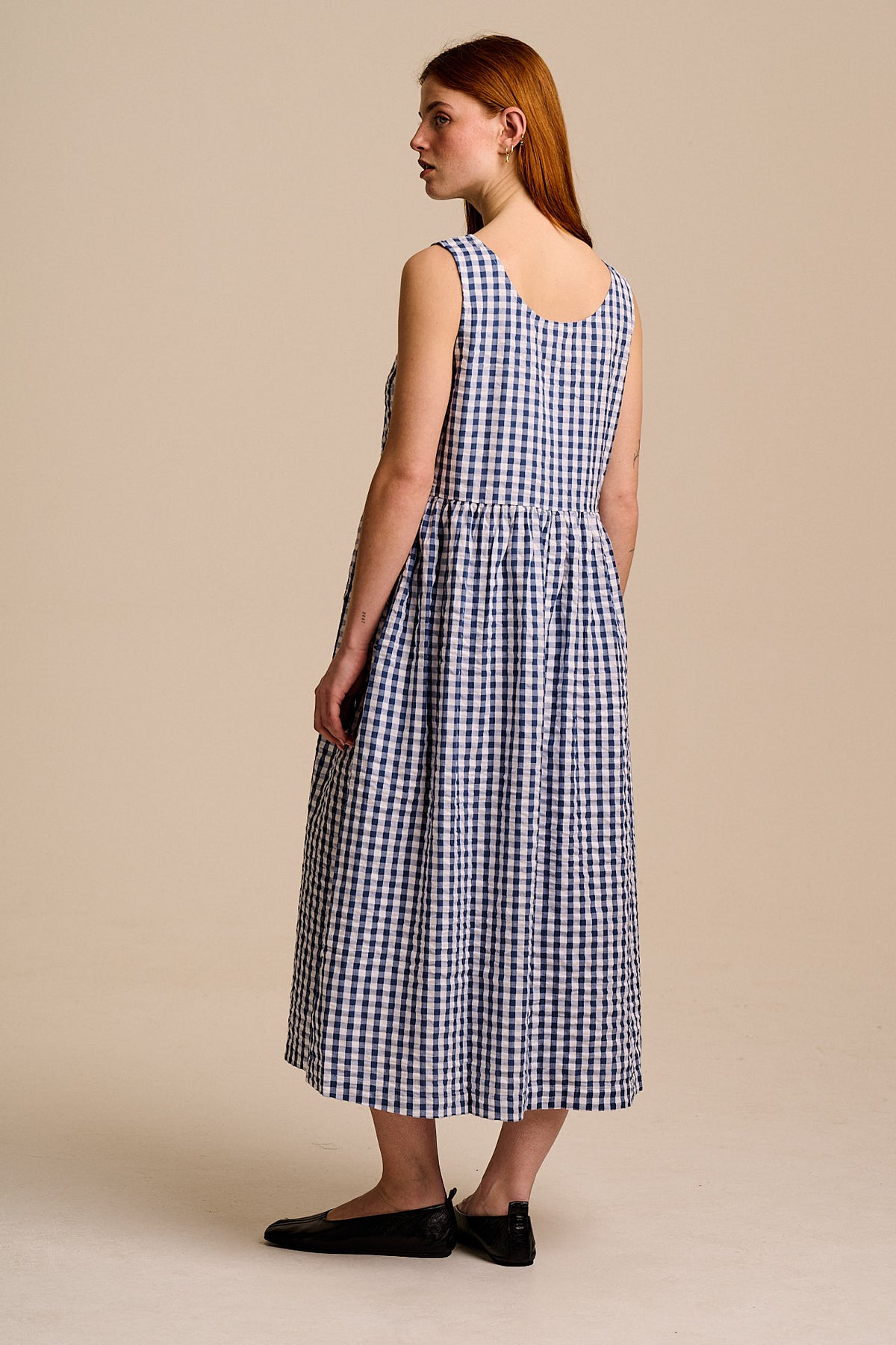 Aimee - A-Line Midi Dress Organic Cotton Seersucker in Blue Gingham
