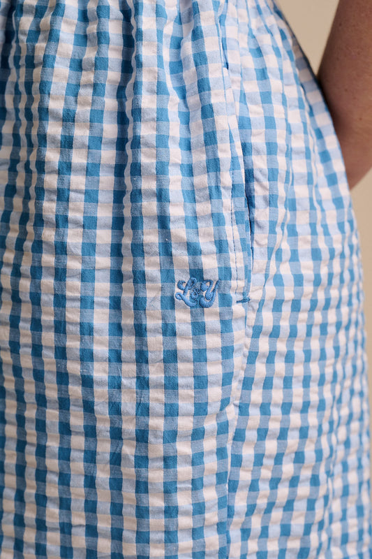 Alisa - Gathered Waist Playsuit Organic Cotton Seersucker in Blue Gingham