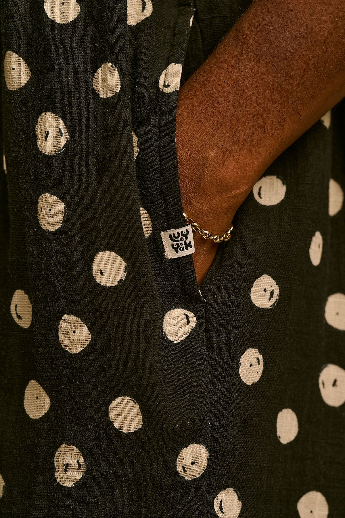 Alisa - Gathered Waist Playsuit Organic Cotton Double Gauze in Black & Ecru Polka Dot