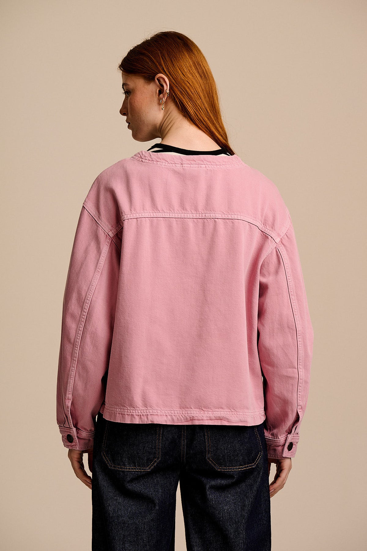 Amarante - Collarless Jacket Organic Cotton Denim in Pink Wash
