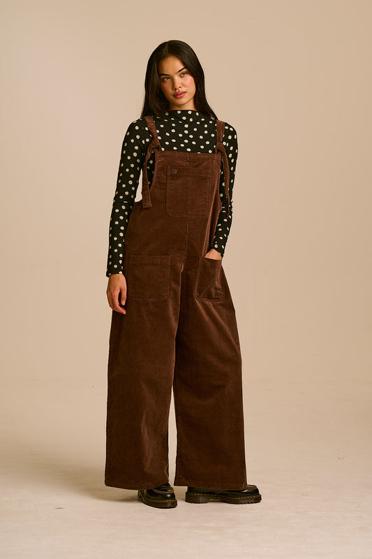 Arlo - Cord Wide Leg Dungarees in Chocolate