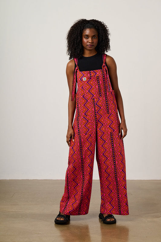 Arlo - Wide Leg Dungarees Organic Cotton in Red Zig Zag Stripe