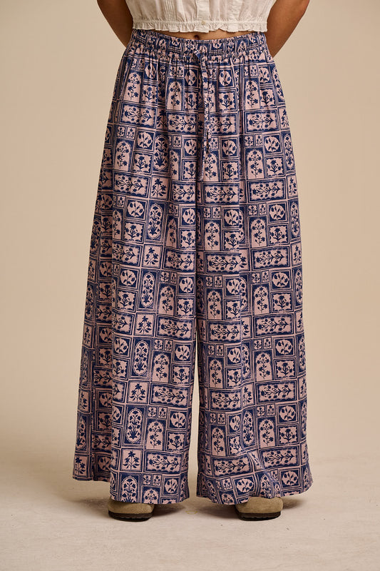Aster - Wide Leg Trousers Organic Cotton in Blue & Pink Walled Blooms