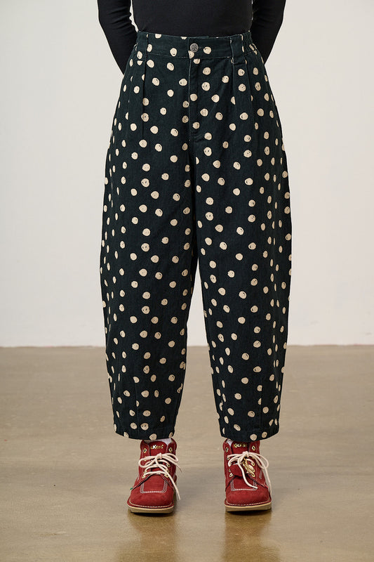 Ashby - Barrel Leg Trousers Cotton in Polka Dot Black and Ecru
