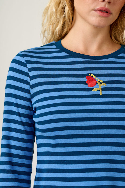 Hansel - Long Sleeve Top Organic Cotton in Blue Stripe with Tulip
