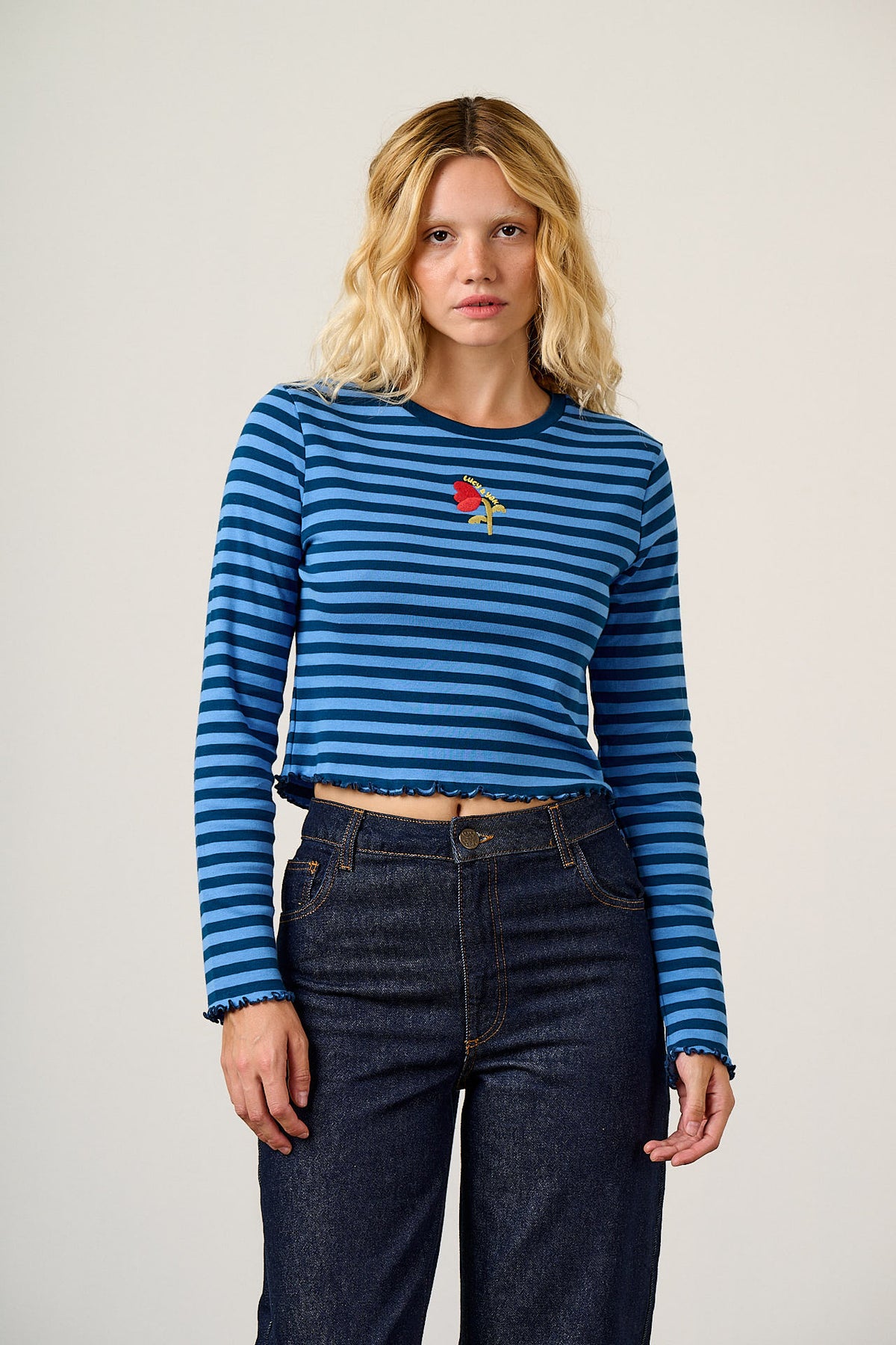 Hansel - Long Sleeve Top Organic Cotton in Blue Stripe with Tulip