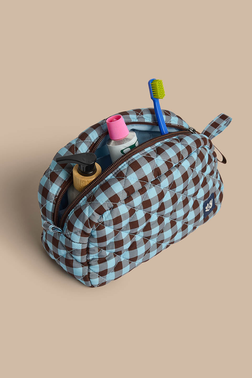 Malina - Small Washbag Recycled Polyester in Blue and Brown Check