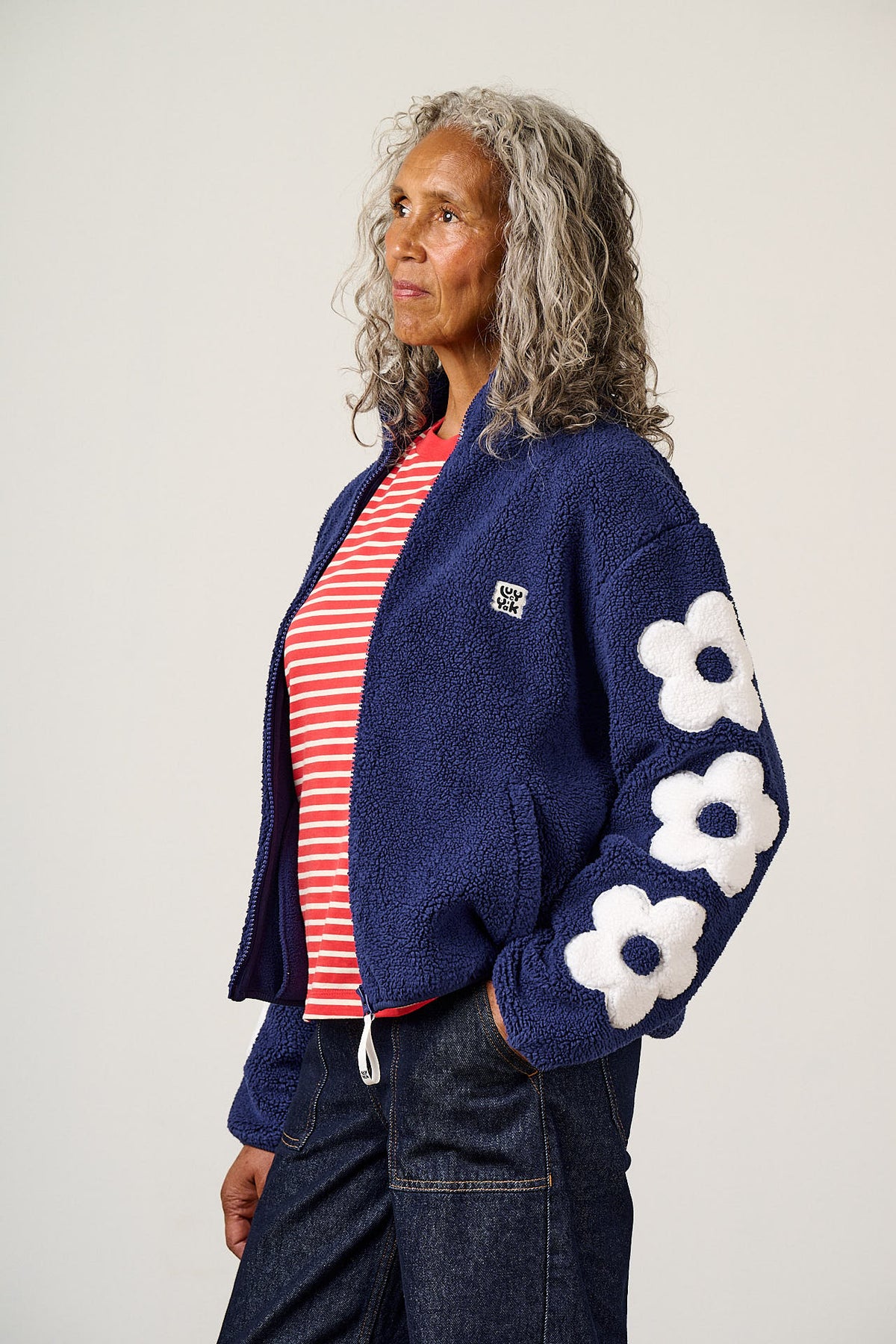 Margot - Borg Fleece Recycled Polyester in Navy and Ecru with Flower