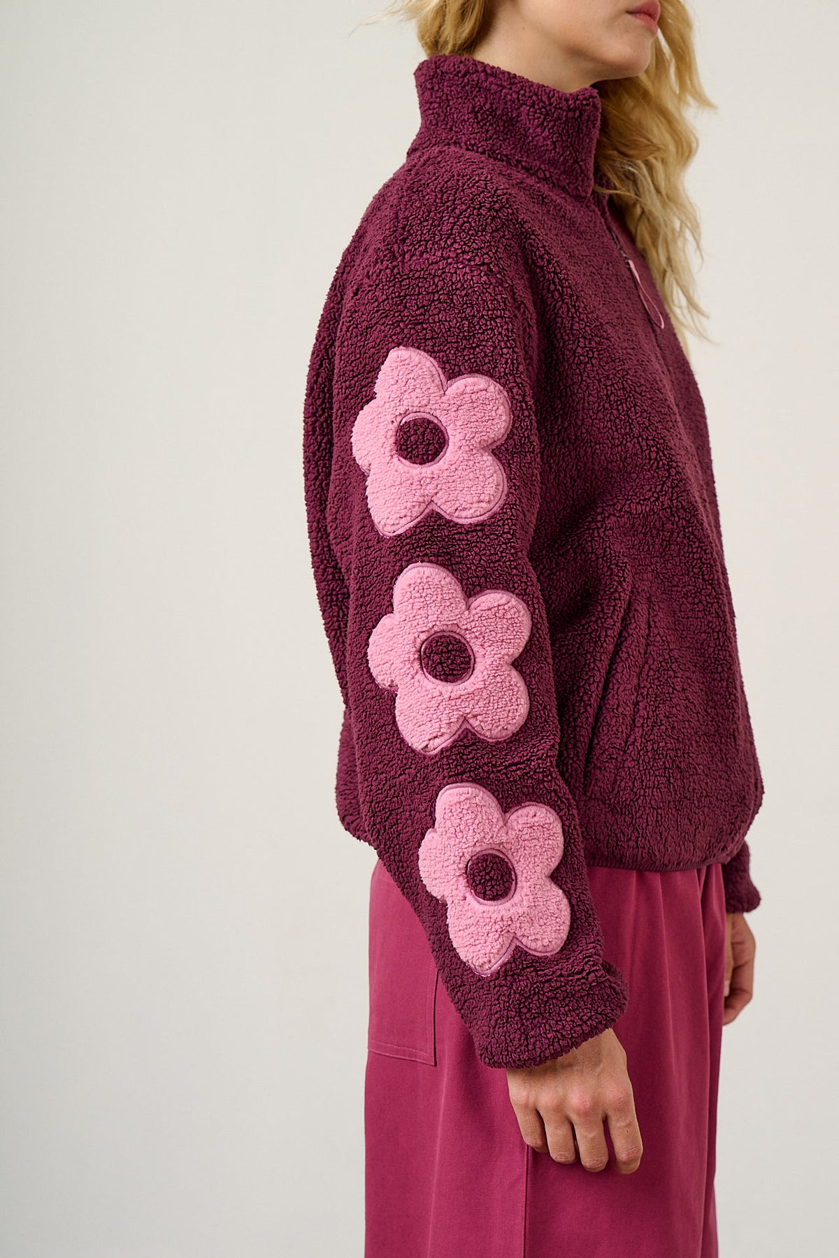 Margot - Borg Fleece Recycled Polyester in Pink and Burgundy with Flower