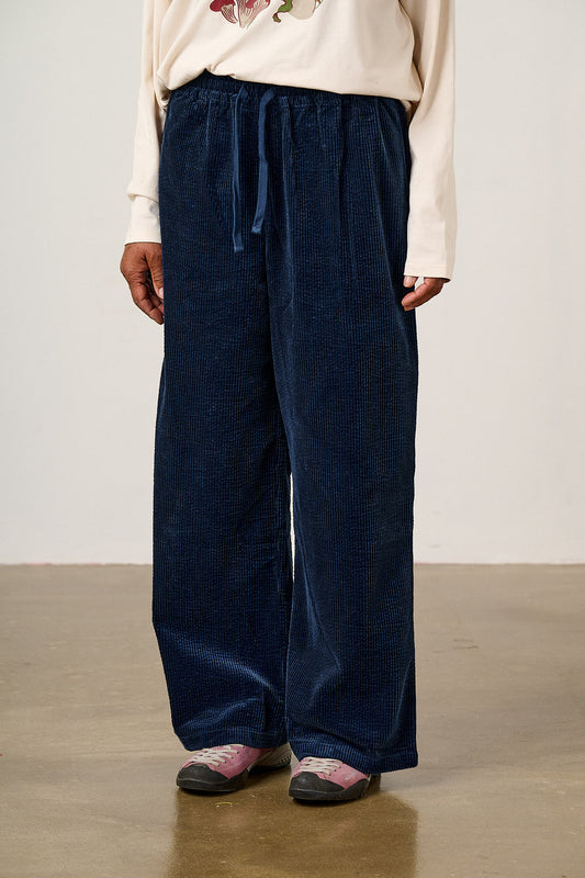 Norris - Wide Leg Corduroy Trousers in Navy with Mushroom Emb