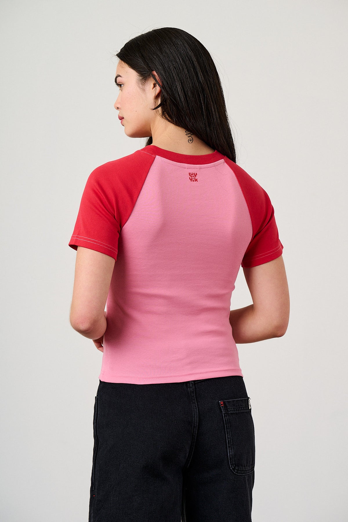 Azra - Short Sleeve Raglan Top Organic Cotton Blend in Red & Pink