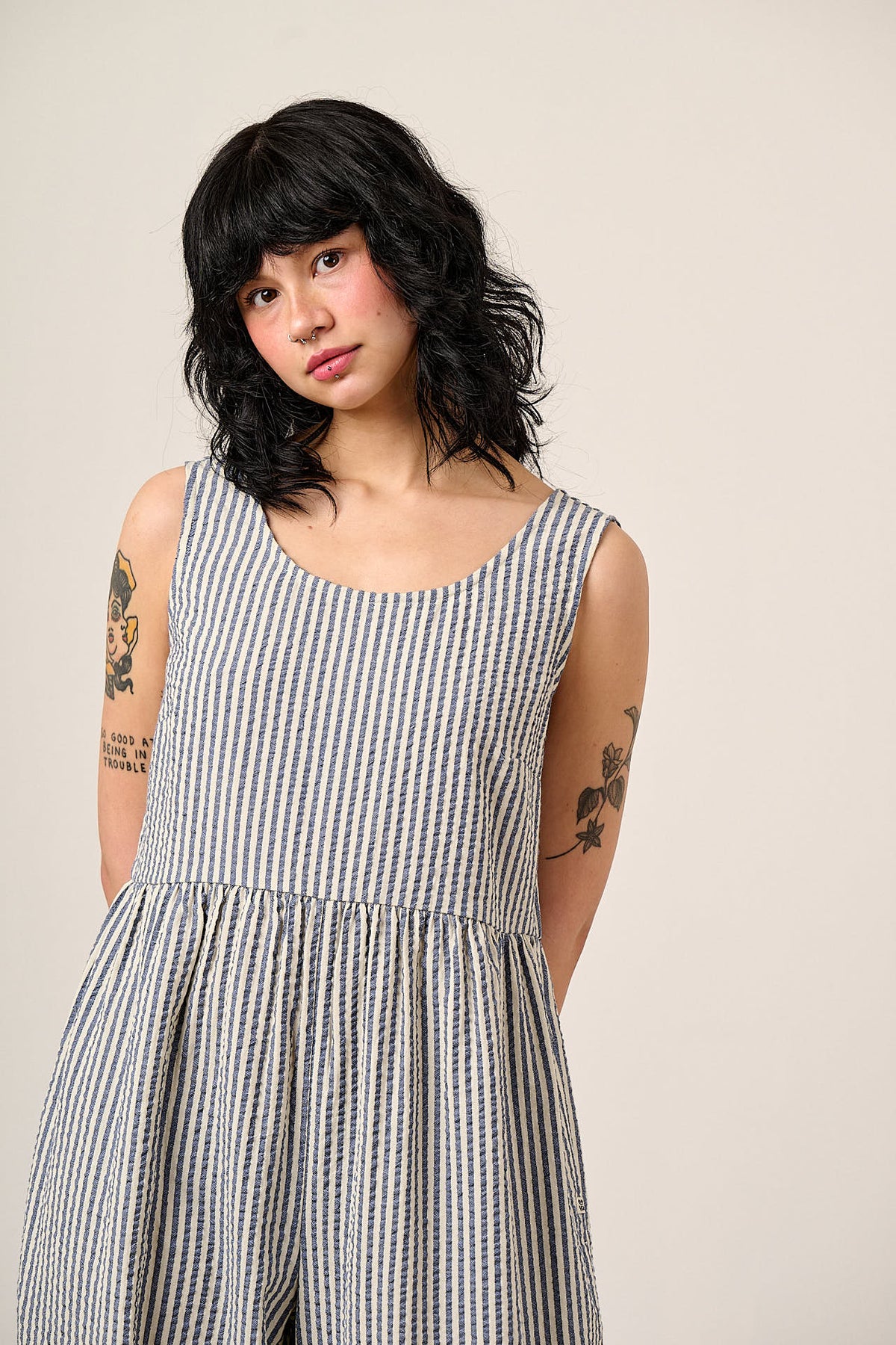 Bellamy - Wide Leg Jumpsuit Organic Cotton Seersucker in Blue & White Stripe