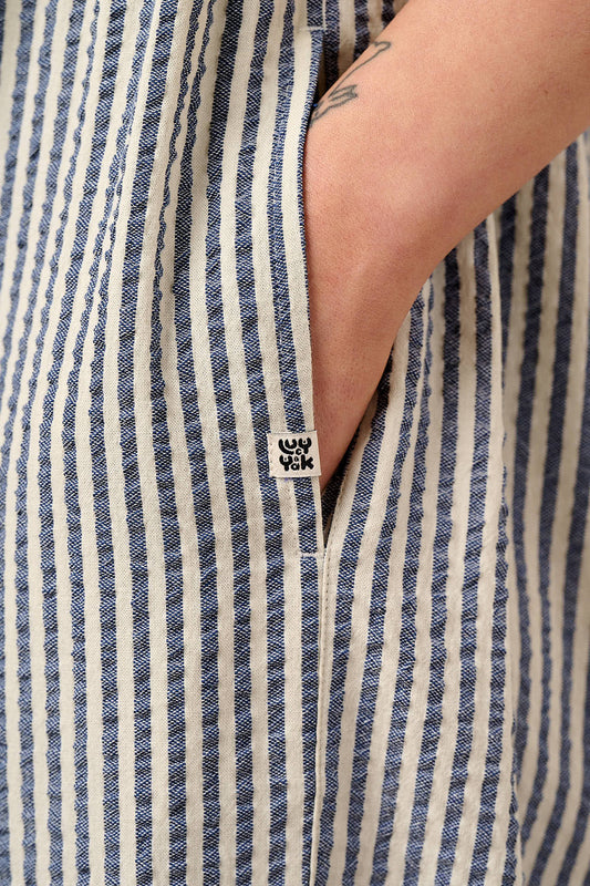 Bellamy - Wide Leg Jumpsuit Organic Cotton Seersucker in Blue & White Stripe