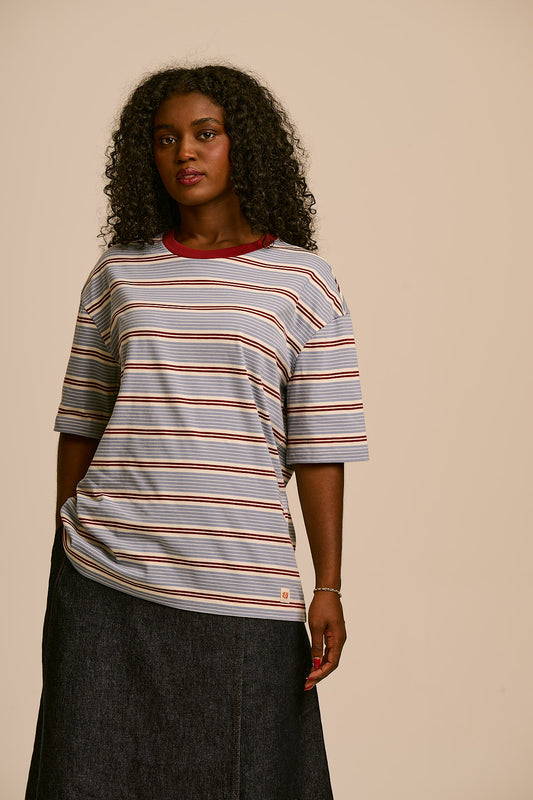 Benny - Oversized T-Shirt Organic Cotton in Blue, Maroon and Ecru Stripe
