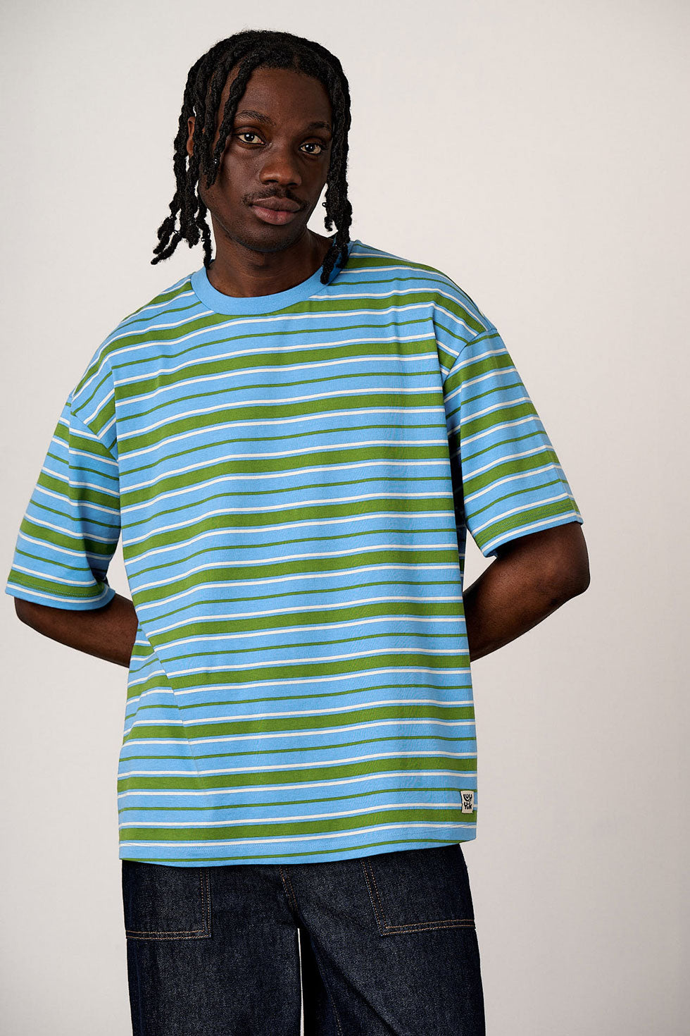 Benny - Oversized Cotton T-Shirt in Green & Blue Stripe