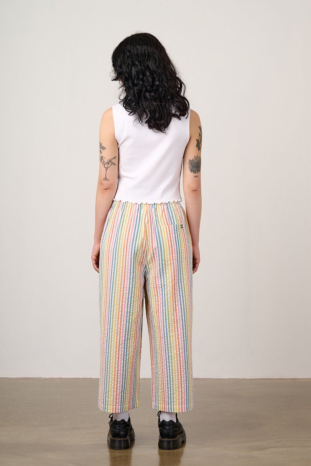 Chuck - Wide Leg Trousers Organic Cotton Seersucker in Vintage Rainbow Stripe