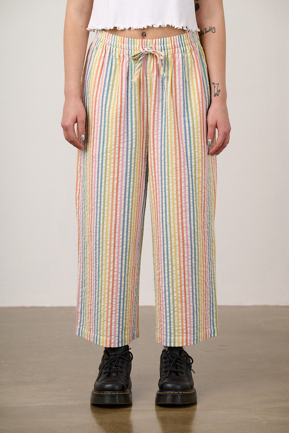 Chuck - Wide Leg Trousers Organic Cotton Seersucker in Vintage Rainbow Stripe