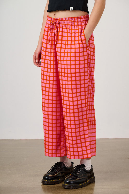 Chuck - Wide Leg Trousers Organic Cotton in Pink & Red Check