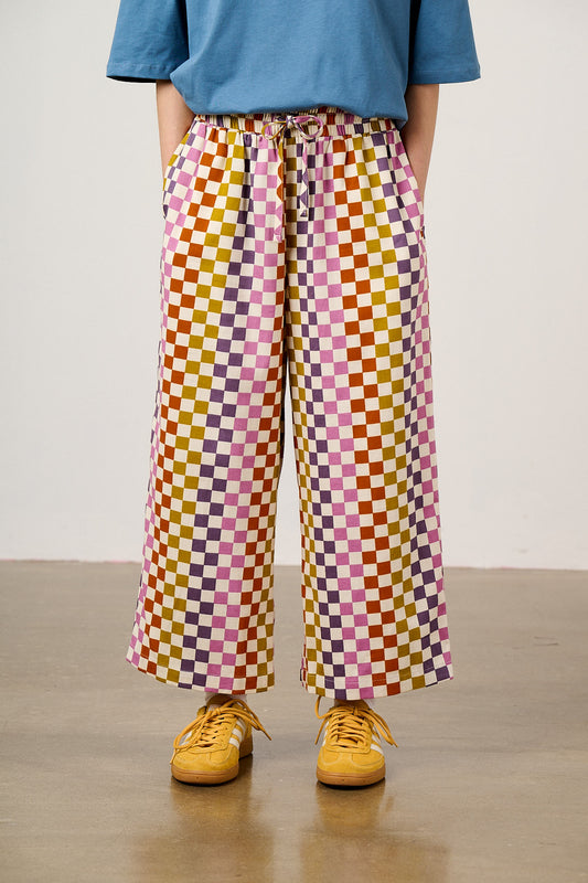 Chuck - Wide Leg Trousers Organic Cotton in Retro Picnic Checkerboard