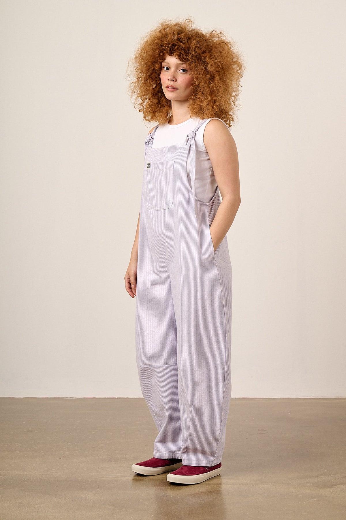 Chula - Barrel Leg Dungarees Organic Cotton in Lilac Hickory Stripe
