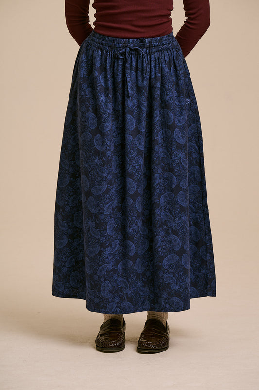 Clara - A-Line Midi Skirt Organic Brushed Cotton in Blue Grunge Paisley