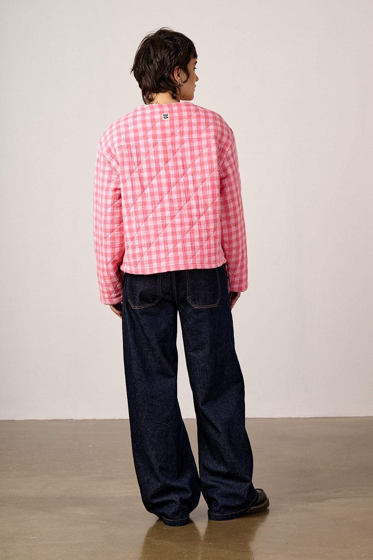 Cleo - Collarless Quilted Jacket Organic Cotton Double Gauze in Pink Check