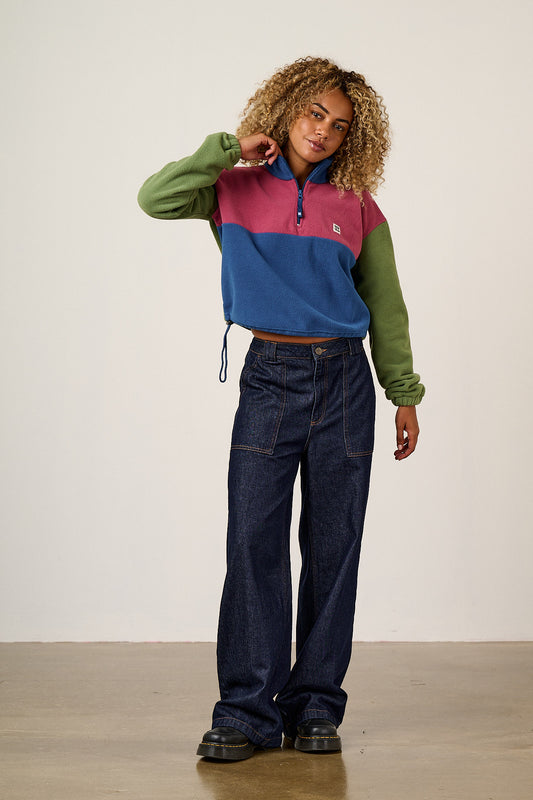 Blake - Cropped Fleece Recycled Polyester in Green, Purple and Blue Colourblock