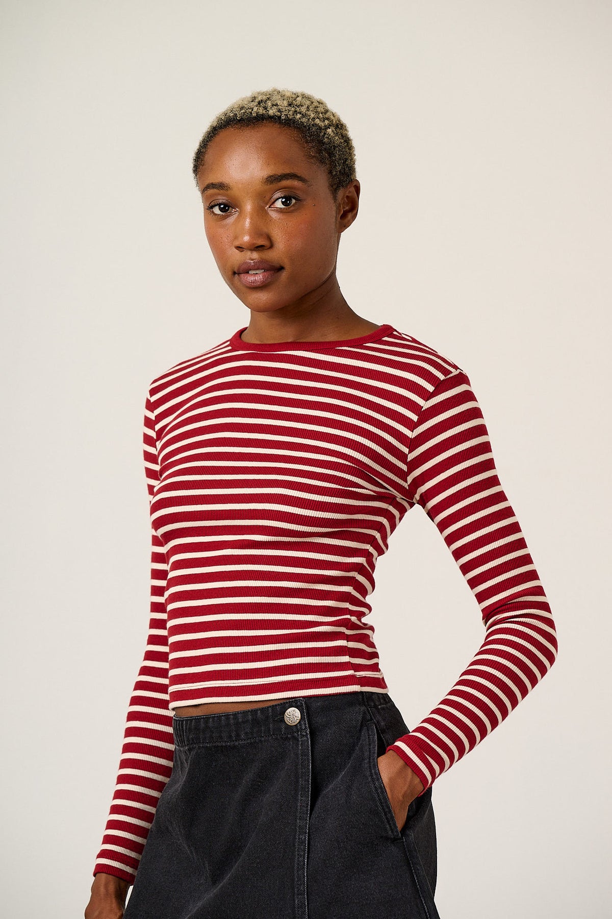 Grayson - Long Sleeve Top Cotton in Maroon Stripe