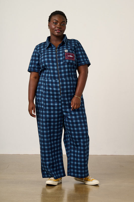 Ragan - Cropped Leg Jumpsuit Organic Cotton Twill in Navy Sardine Patches