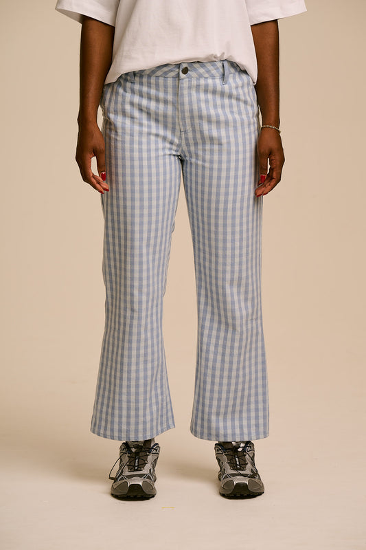 Ellis - Kick Flare Trousers Organic Cotton in Blue Gingham