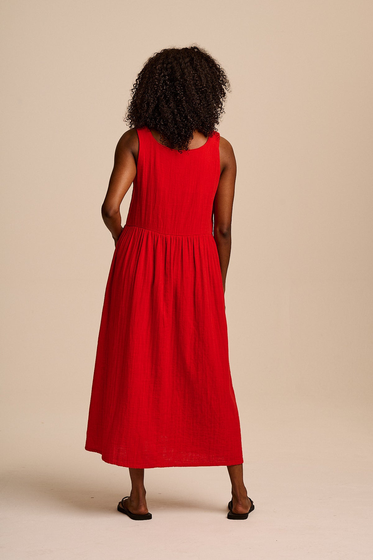 Florie - Square Neck Midi Dress Organic Cotton Double Gauze in Red