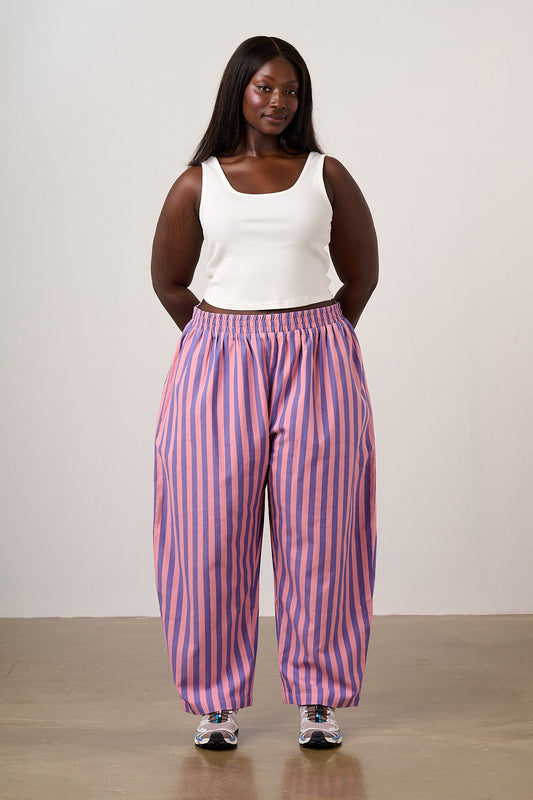 Bee Illustrates Pride 2026 Freddie - Barrel Leg Cotton Trousers in Pink & Blue Stripe
