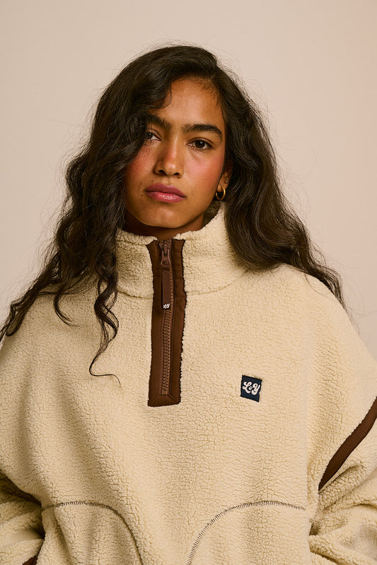 Hadley - Half Zip Fleece Recycled Polyester Borg in Ecru and Chocolate