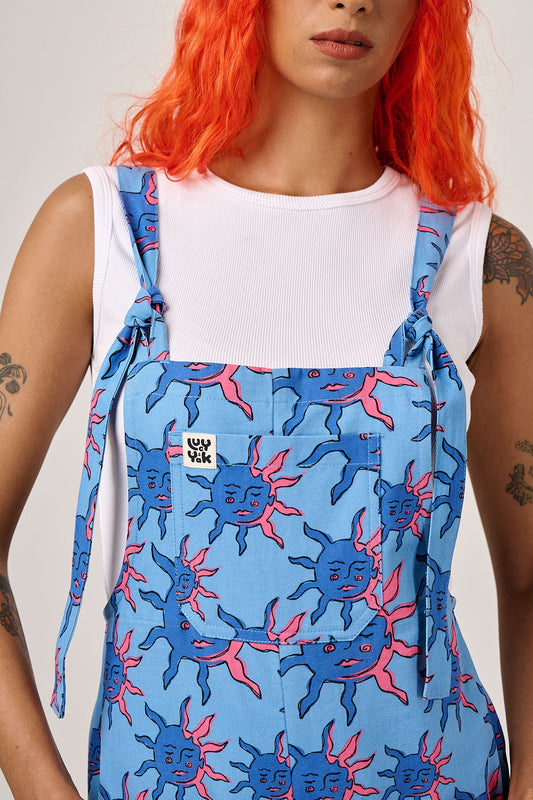 Jenny - Wide Leg Cotton Dungarees in Blue Celestial Sun Print