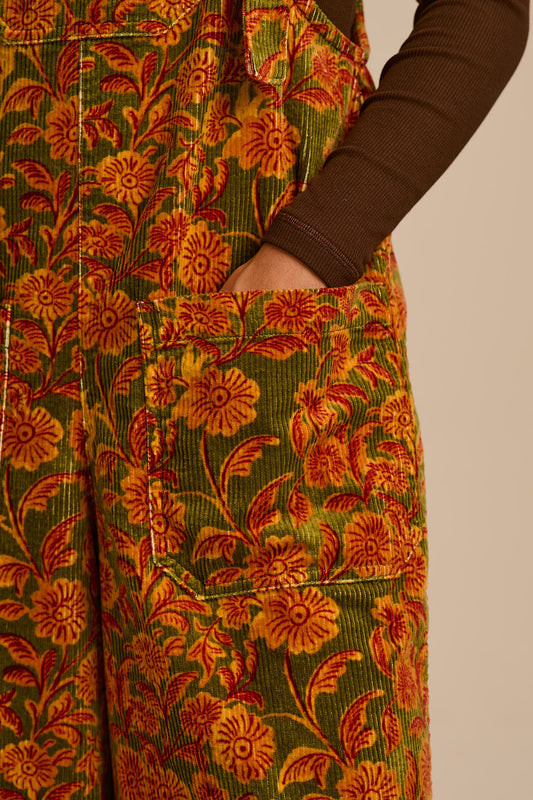 Jenny - Wide Leg Dungarees Organic Cotton Corduroy in Green Palace Floral