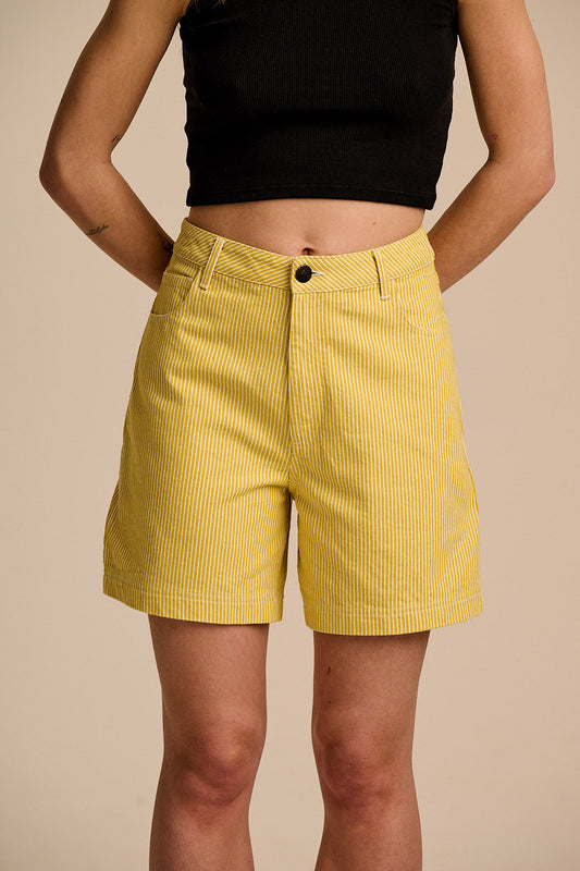 Lexi - High Waist Shorts Organic Cotton in Lemon Hickory Stripe