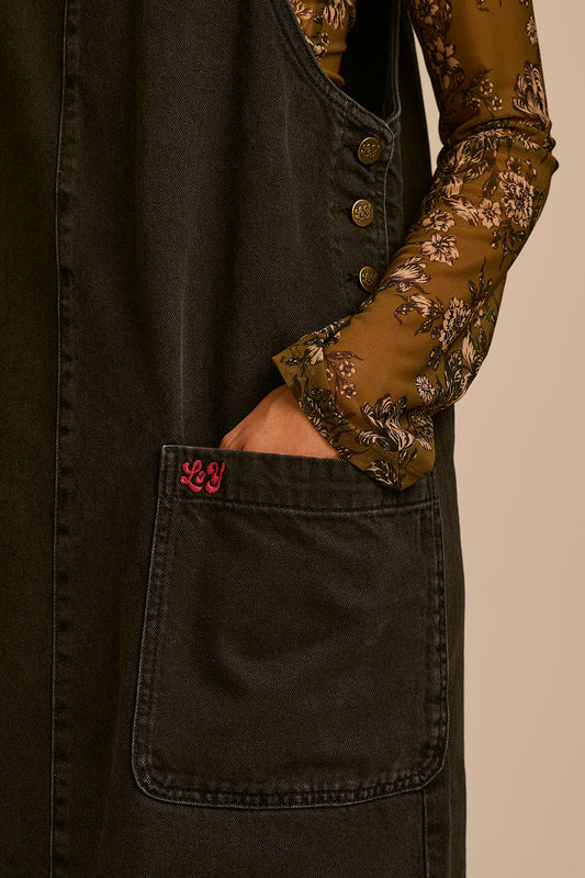 Lily - Pinafore Midi Dress Organic Cotton Denim in Blackwash