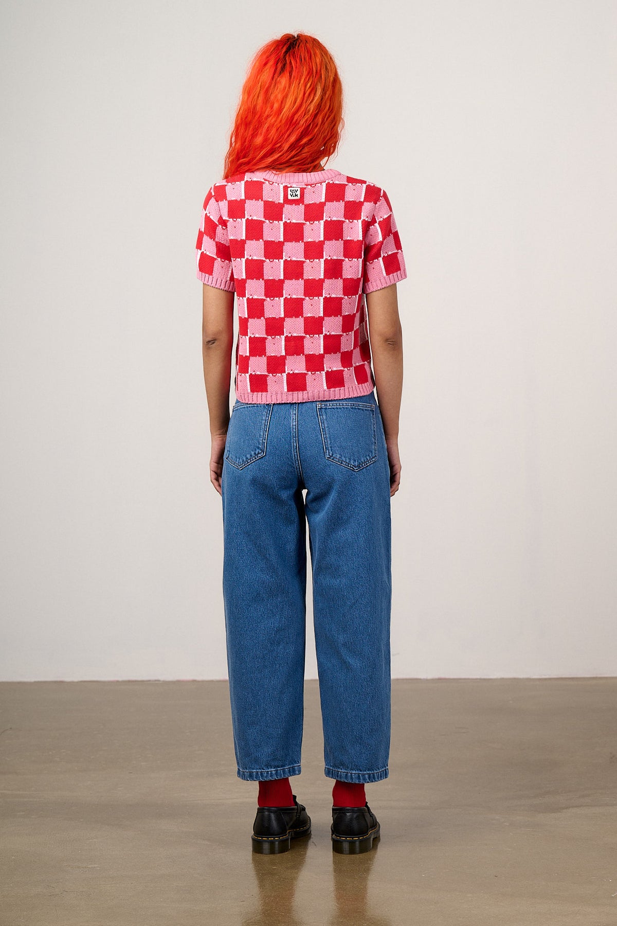 Lizzie - Short Sleeve Cardigan Organic Cotton Knit in Pink & Red Blurred Checkerboard