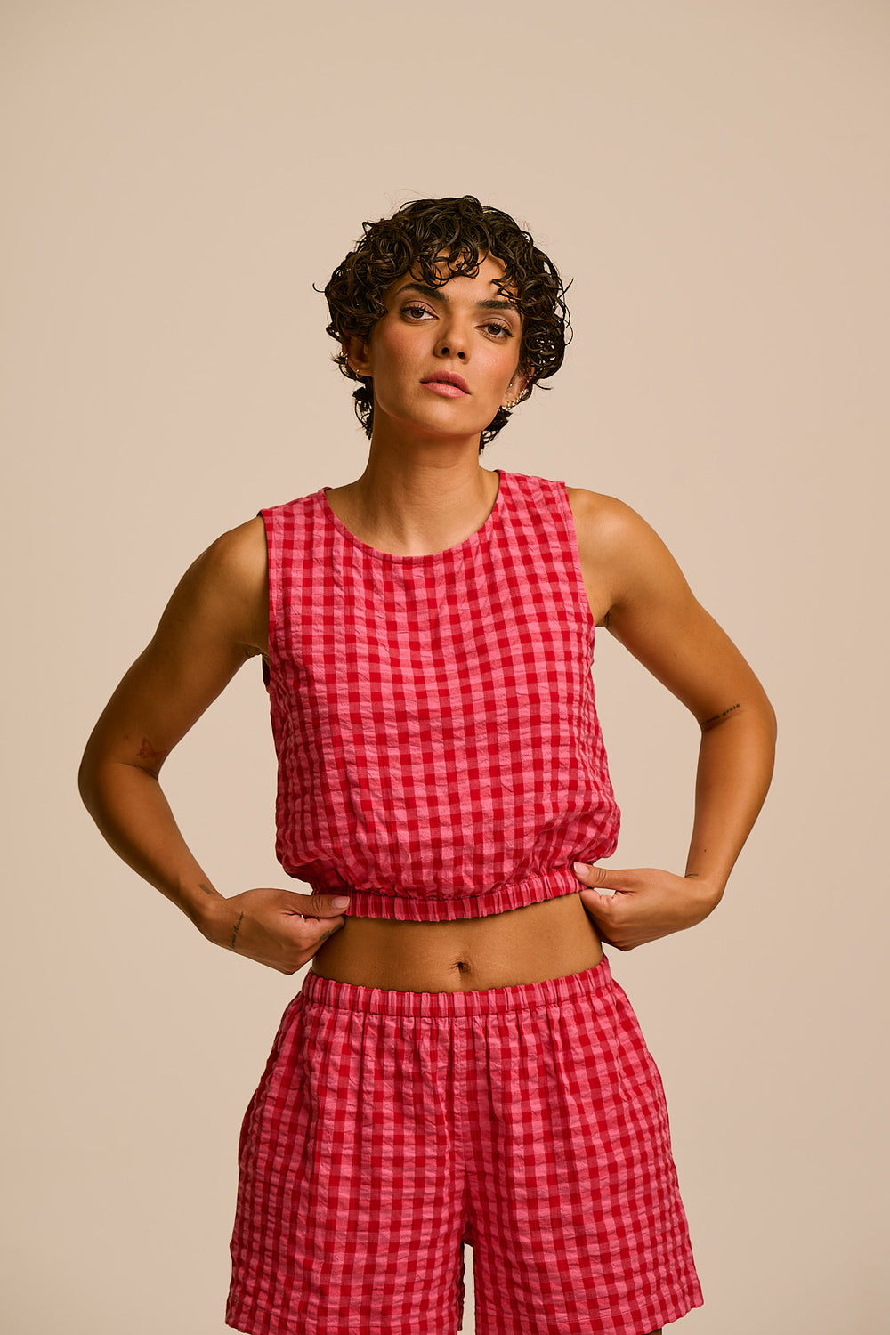 Lumi - Cropped Top Organic Cotton in Pink & Red Check