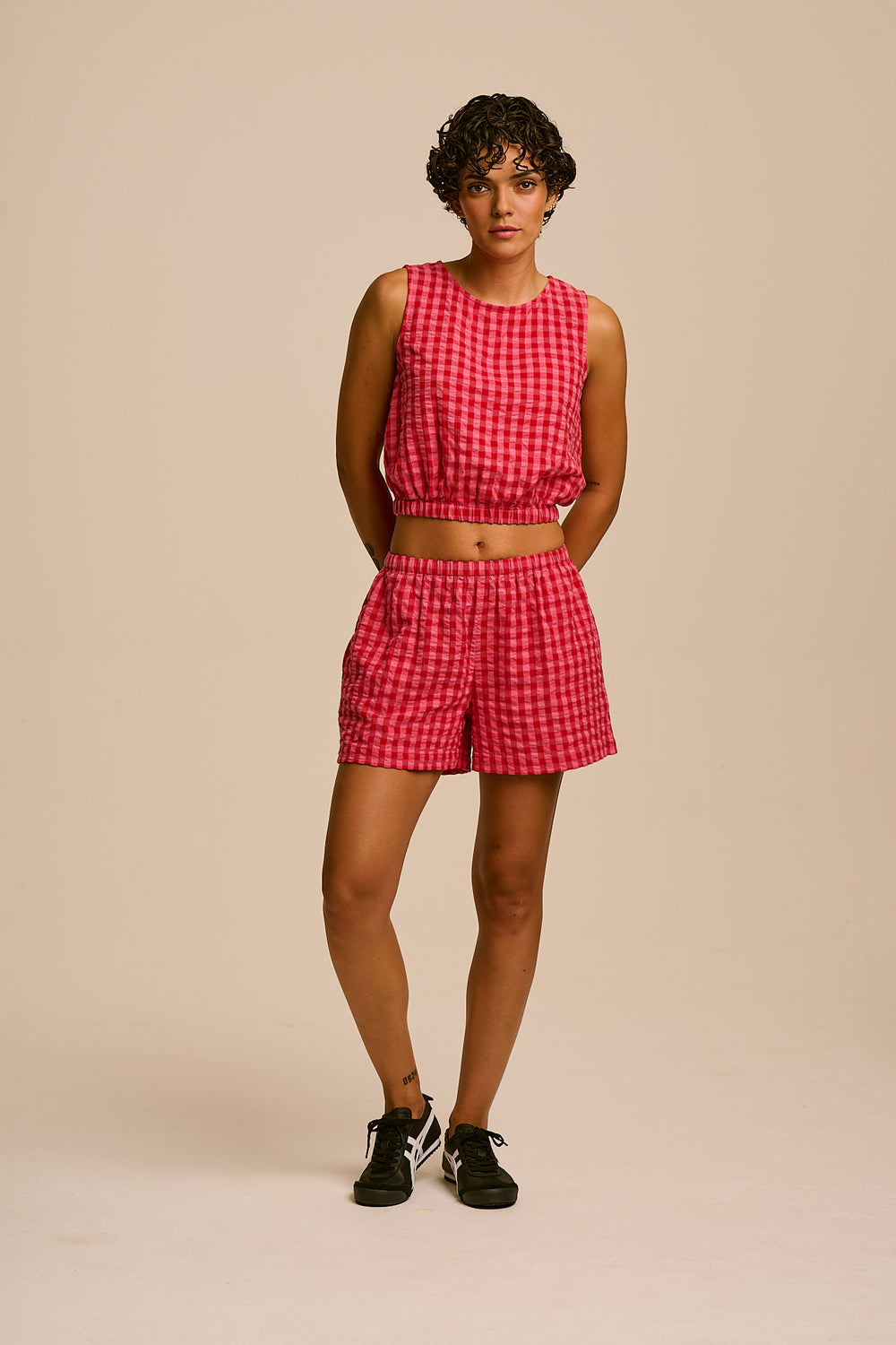 Popan - Relaxed Shorts Organic Cotton Seersucker in Pink & Red Check