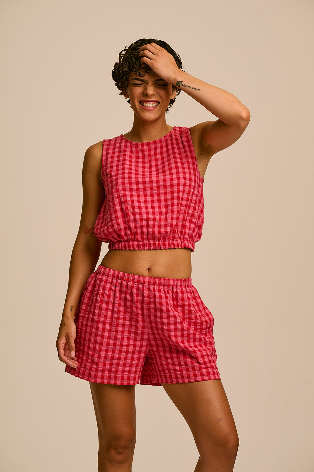 Lumi - Cropped Top Organic Cotton in Pink & Red Check