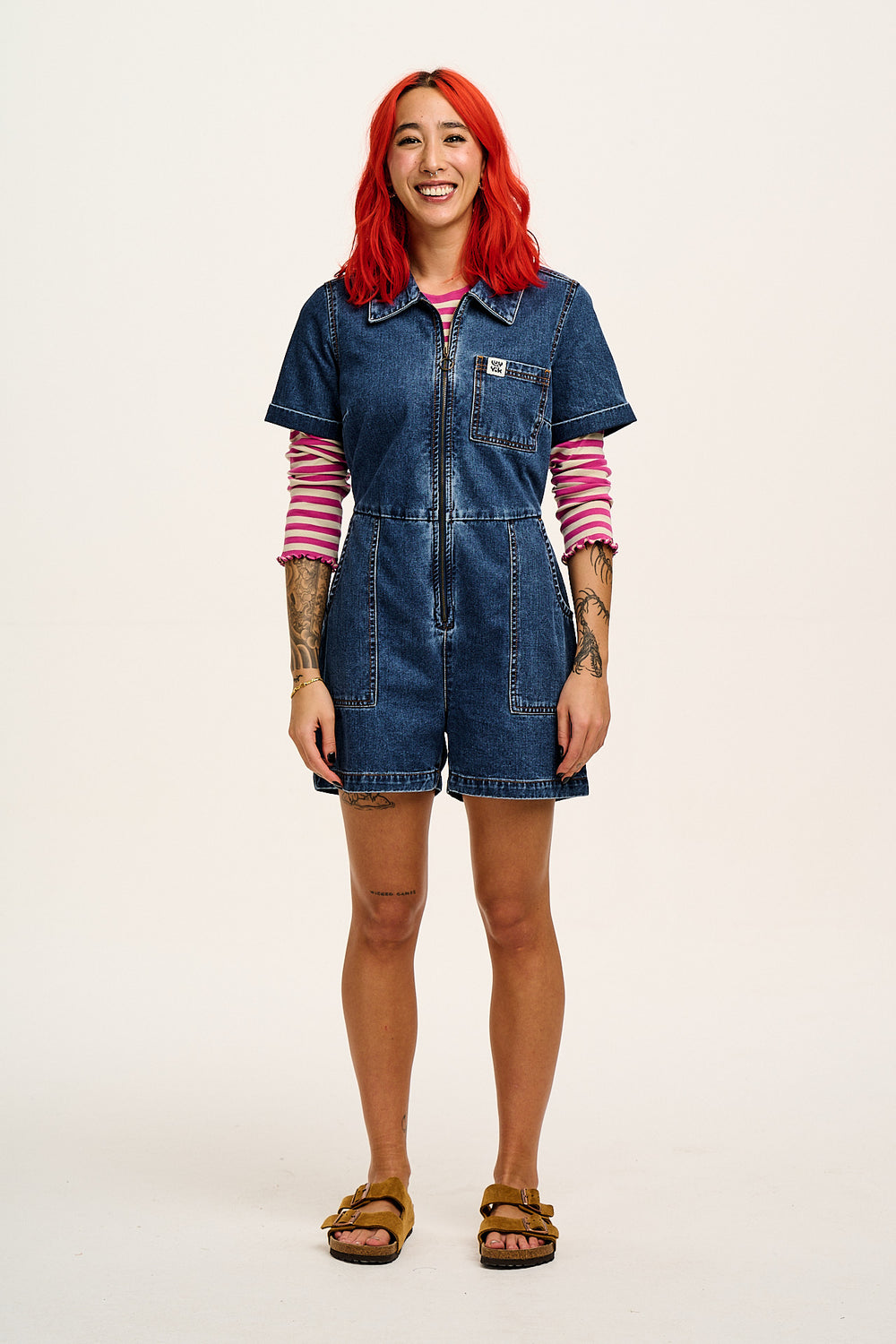Riley - Short Sleeve Playsuit Organic Cotton Denim in Mid Wash Blue