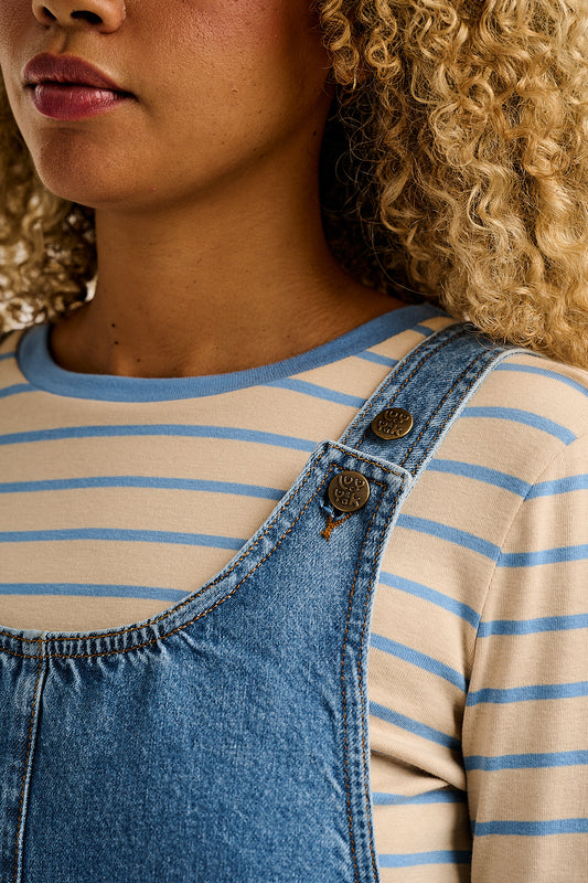 Layla - Pinafore Mini Dress Organic Cotton Denim in Mid Wash Blue