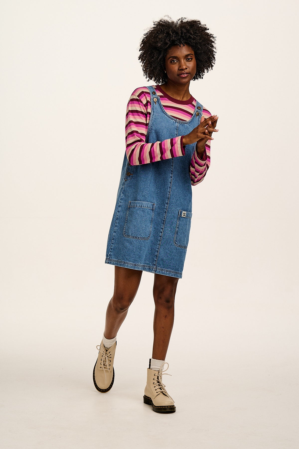 Layla - Pinafore Mini Dress Organic Cotton Denim in Mid Wash Blue