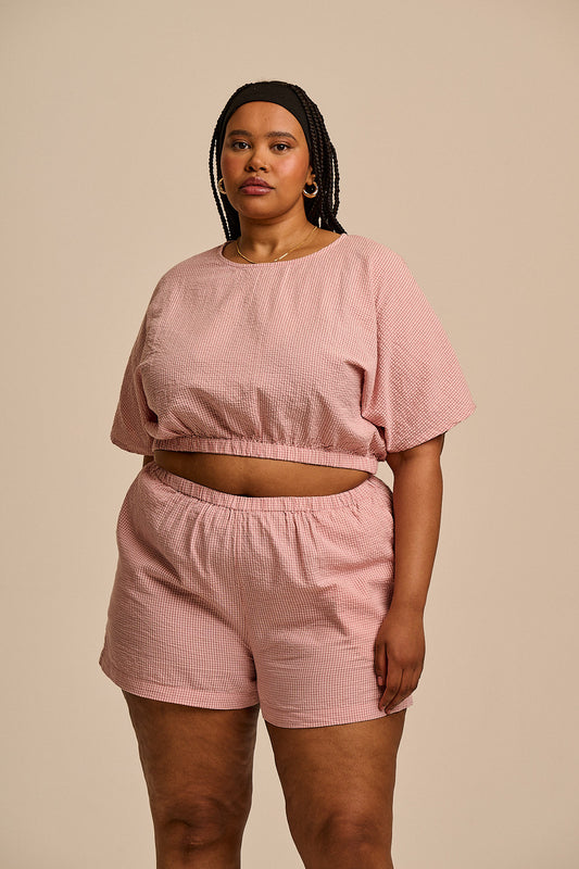 Popan - Relaxed Shorts Organic Cotton Seersucker in Pink Mini Gingham