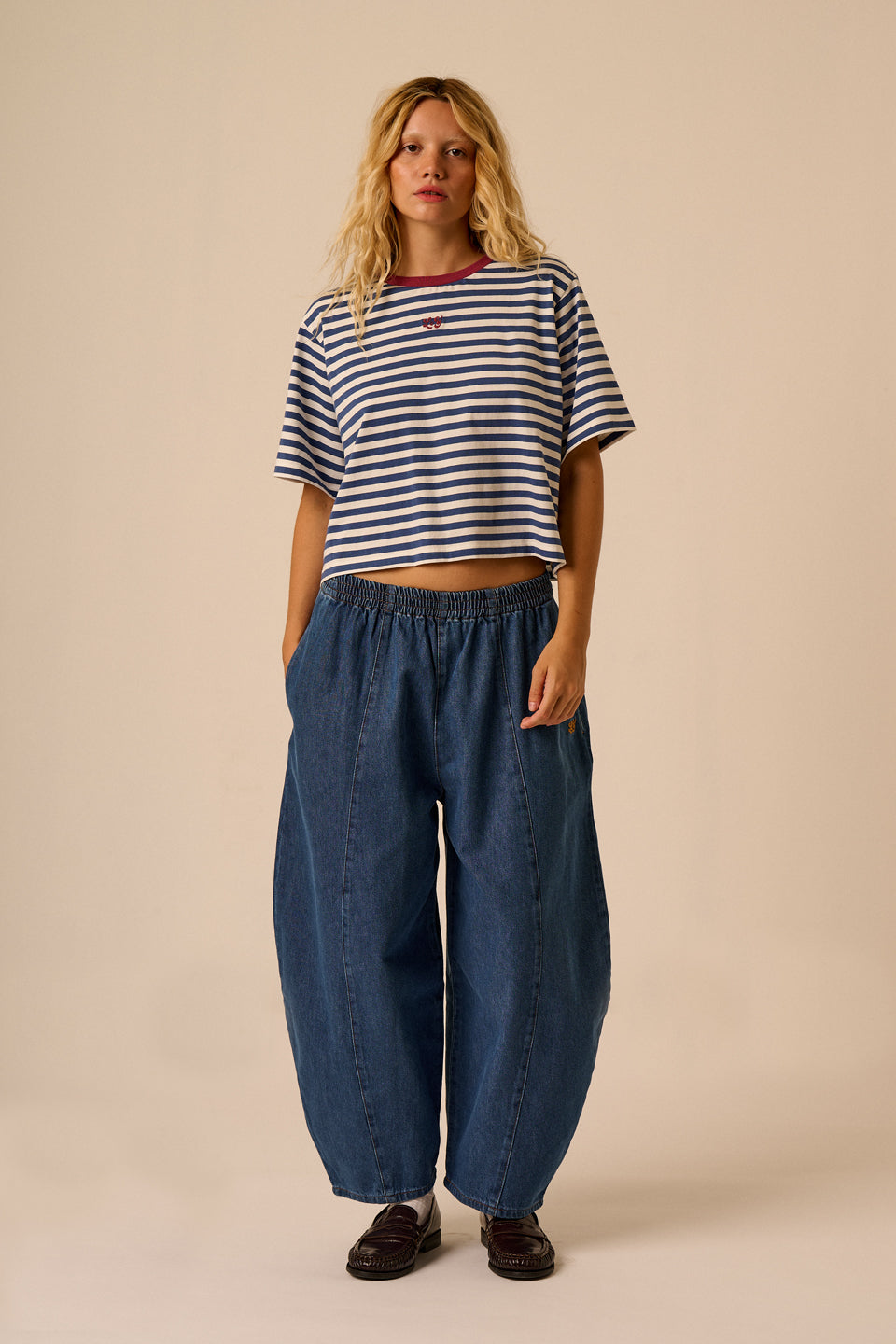 Zayla - Cropped Boxy T-Shirt Cotton in Navy & White Stripe