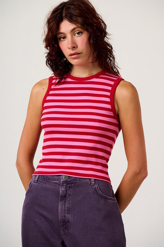 Rue - Tank Top Organic Cotton in Pink & Red Stripe