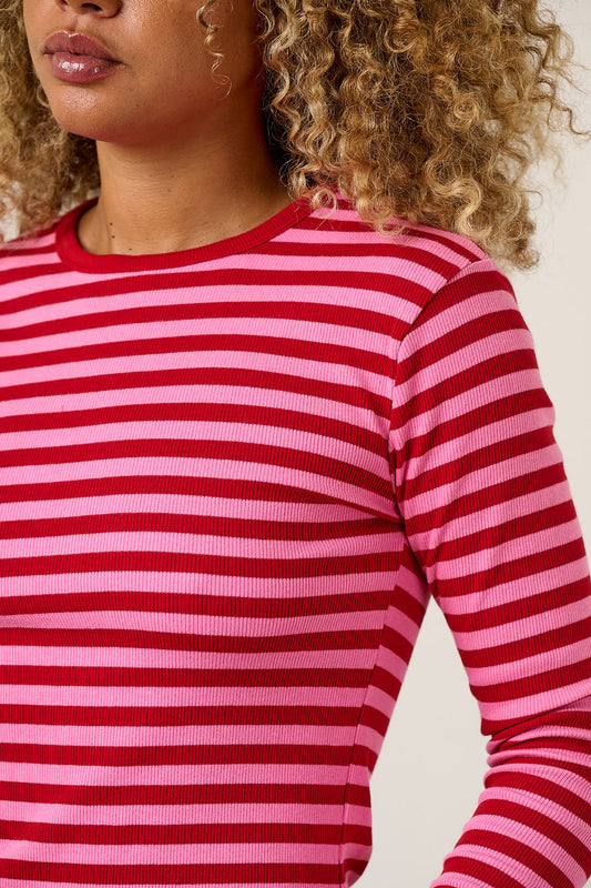 Grayson - Long Sleeve T-Shirt Cotton in Pink & Red Stripe