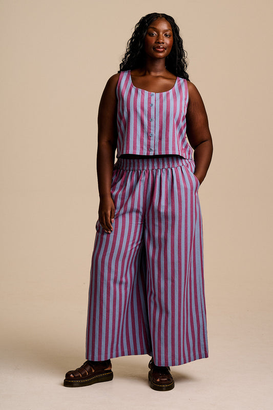 Maddie - Wide Leg Trousers - Organic Cotton in Burgundy & Blue Stripe