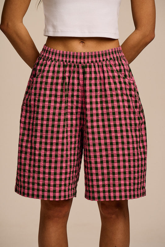 Madero - Knee Length Shorts Organic Cotton Seersucker in Pink & Green Gingham